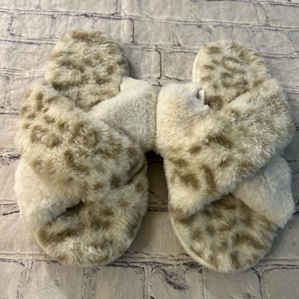 MUD PIE LEOPARD PRINT CREAM/TAN FAUX FUR WOMEN SLIPPERS SIZE L/XL